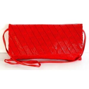 VTG RED MESH GENUINE LEATHER STRAP FLAP MIRROR INSIDE SHOULDER BAG PURSE CLUTCH